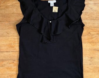 Camiseta sin mangas vintage negra con volantes, talla M/L, de algodón, marca Express, años 90.