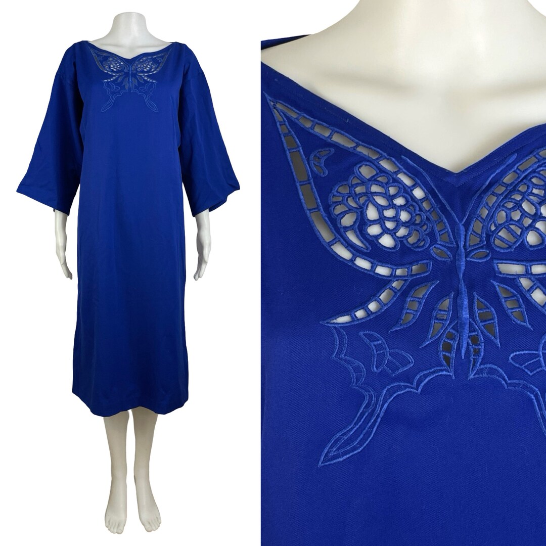 Vintage Butterfly Embroidered Dress Size Medium 70s Cobalt Blue Twill ...