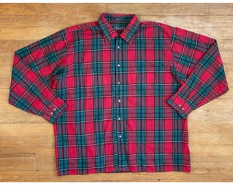 Vintage Mens Plaid Shirt Size XL 1980s Tartan Lightweight Cotton Blend Button Down