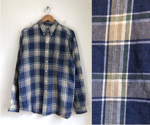 Vintage Mens Plaid Shirt | 90s Linen & Cotton But… - image 1