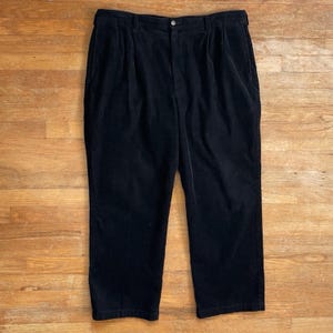 Vintage Mens Double Pleated Corduroy Pants Size 40x28 1980s Black Waled Cotton Trousers | 40 Waist x 28 Inseam