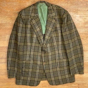 Vintage 60s Mens Plaid Wool Blazer Size 42 Olive Green Tartan Sport Coat Jacket