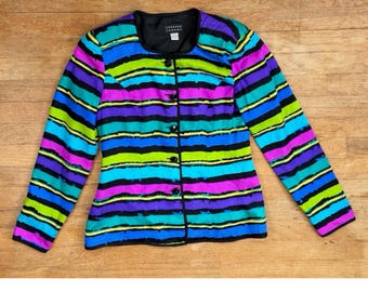 Vintage Striped Silk Blazer Jacket Womens Size Small 90s Bold Colorful Print