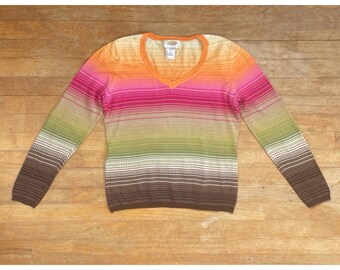 Vintage Colorful Striped Knit Top Womens Size Small 90s Mercerized Cotton V-Neck