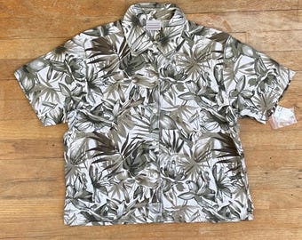 Vintage Tropical Beaded Top Womens Size Medium/Large 1990s Floral Leaf Linen/Cotton Shirt