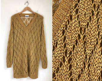 Vintage Knit Eyelet Oversize Sweater | 90s Golden Yellow Rayon V-Neck Sweater | Womens Size Medium/Large/XL