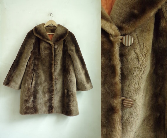 Vintage Faux Fur Coat | 60s Brown Acrylic Fake Fur