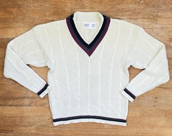 Vintage Cable Knit Sweater Size Large 60s Knit Orlon Acrylic Striped V-Neck