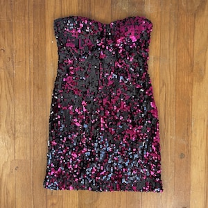 Vintage Sequin Strapless Dress Womens Size XS | Y2K Metallic Black & Pink Stretch Knit Micro Mini