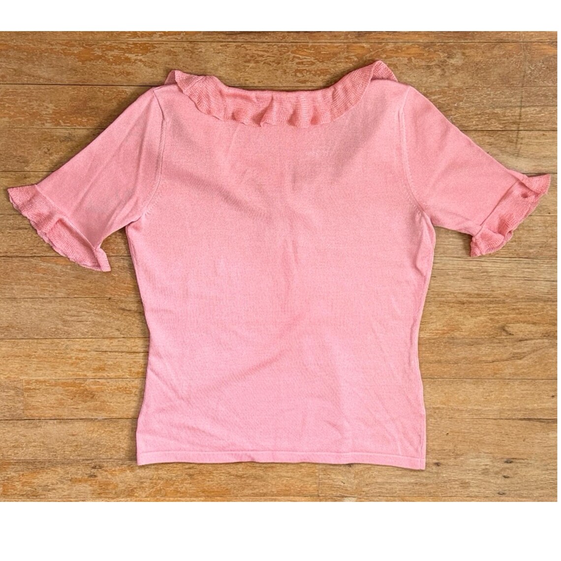 Vintage Pink Knit Silk Top Size Small Y2K Ruffled Collared Blouse Shirt, foto 4 di 5