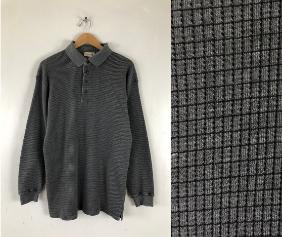 Vintage Mens Waffle Knit Shirt | 90s Gray Fine Kni