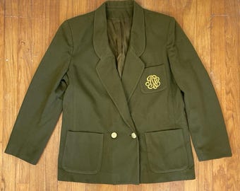 Vintage Olive Green Wool Blazer Womens Size Medium/Large 80s Soft Wool Jacket with Gold Embroidery
