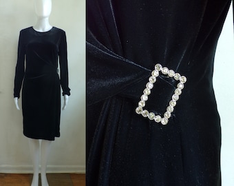 vintage black velour dress 90s david warren designer cocktail sheath dress size small with rhinestone buckle