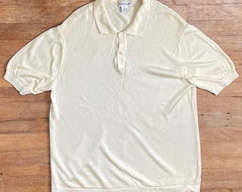 Vintage Mens Fine Knit Shirt Size Medium 90s Cream Cotton/Rayon Argyle Polo