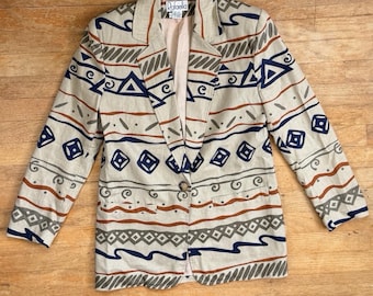 Vintage Linen/Cotton Blazer Size Medium Geometric Art Print Sport Coat Jacket