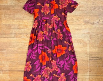 Vintage Floral Button Up Midi Dress Size Small 90s Purple Orange Shirtdress