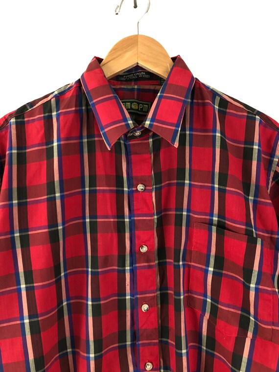 Vintage Mens Plaid Shirt | 70s Red Tartan Button … - image 3