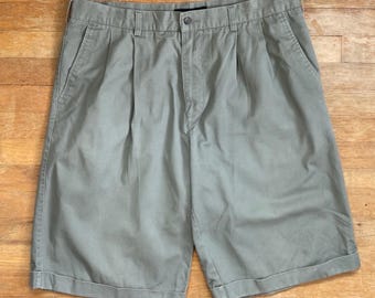 Vintage Mens Pleated Shorts Size 38 Waist 1990s Faded Olive Green Twill Cotton