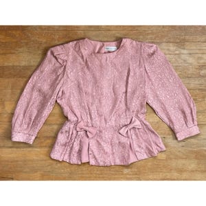 Vintage Fancy Jacquard Blouse Size Medium 1980s Dusty Pink Floral Top