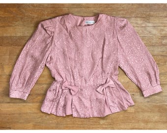 Vintage Fancy Jacquard Blouse Size Medium 1980s Dusty Pink Floral Top