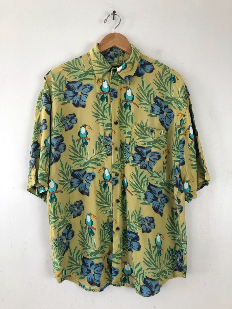 90s Toucan Bird Tropical Floral Print Shirt Vintage Mens Hawaiian Shirt Mens Size Large