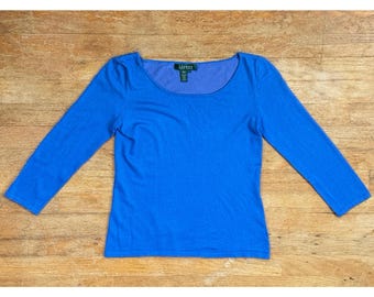 Vintage Blue Knit Silk Blend Cropped Shirt Size Small 90s Ralph Lauren Top Scoop Neck Lightweight Minimalist Classic
