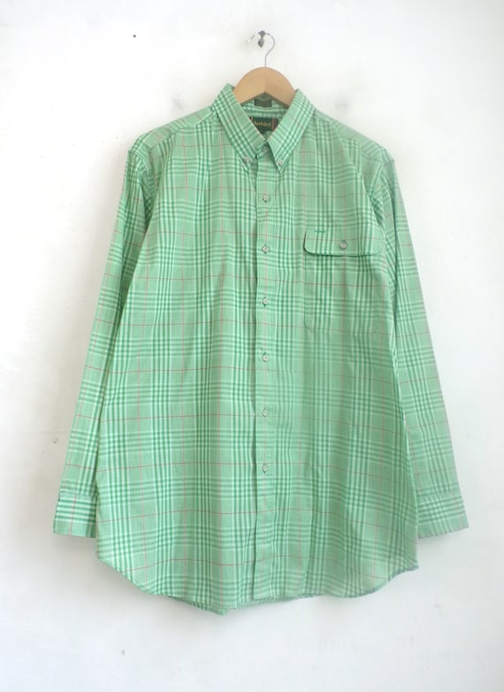 Vintage Mens Plaid Shirt Size Large | 70s Green T… - image 2