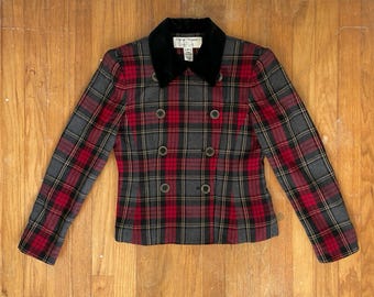 Vintage Plaid Cropped Jacket Womens Size XS 1990s Double Breasted Wool Jacket with Velvet Collar