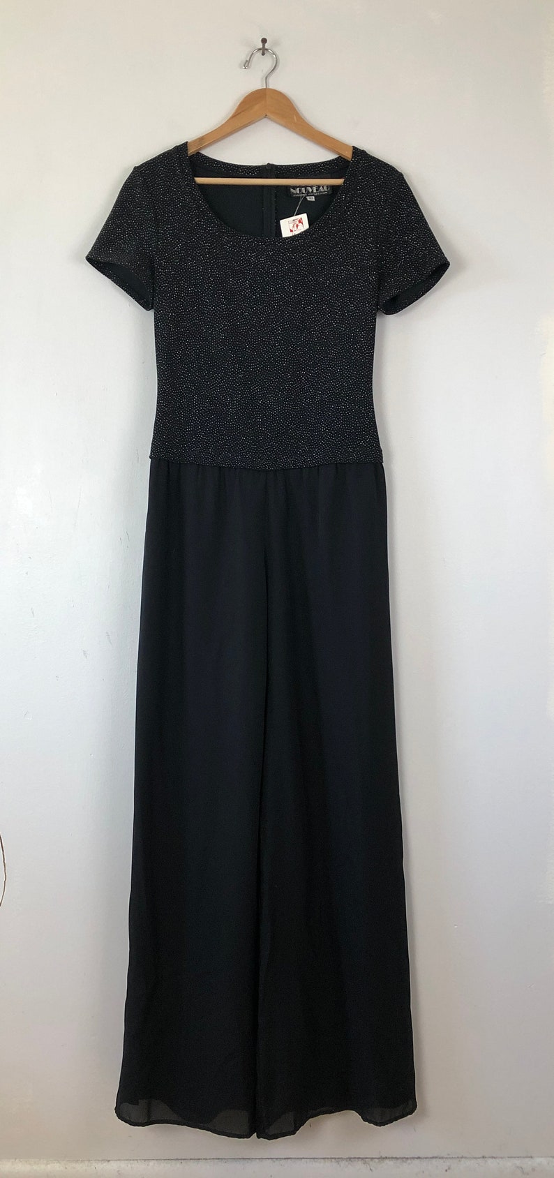 80s Wide Leg Fancy Jumpsuit Vintage Black Glitter Jumpsuit Womens Size Large