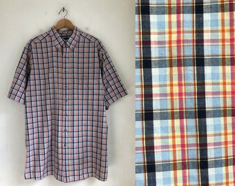 Vintage Mens Plaid Shirt | 90s Tartan Poplin Short Sleeve Collared Button Down Dress Shirt | Mens Size XL Tall