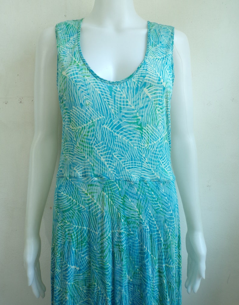Womens Size MediumLarge 90s Abstract Leaf Print Stretch Knit Rayon Lightweight Sleeveless Dress Vintage Tank Dress