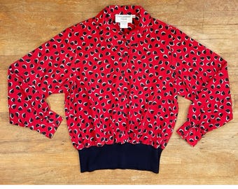 Vintage Heart Print Blouse Size Large 1980s Castleberry Club Red/Black Collared Top