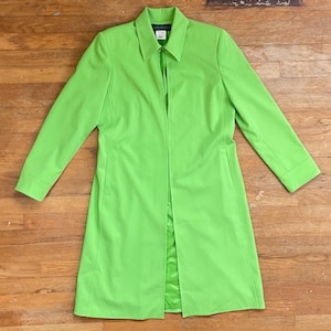 Vintage Bright Green Jacket Size Medium 1990s Long Cut Open Front Coat Pockets