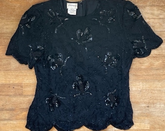 Vintage Floral Bead & Sequin Blouse Size Medium 1980s Black Embellished Silk Top