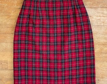 Vintage Plaid Wool Blend Skirt Size Small 27" Waist 1990s Red Tartan Straight Cut