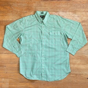 Vintage Mens Plaid Shirt Size Large 1970s Green Tartan Button Down Cotton Blend
