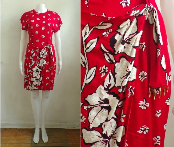 Vintage Floral Dress | 80s Red Flower Print Rayon
