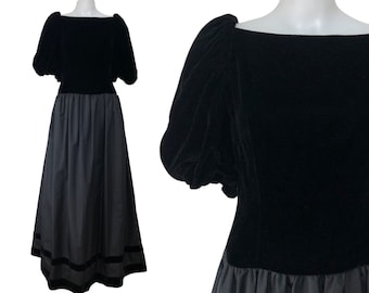Vintage Lee Jordan Gown | 80s Black Crushed Velvet & Taffeta Floor Length Dress | Womens Size Small