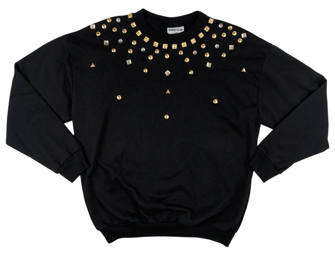 Vintage Embellished Sweatshirt 80s Black & Gold Rhinestone Studded