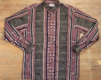 Vintage Mens Mixed Print Shirt Size Large 90s Geometric Button Down Collared