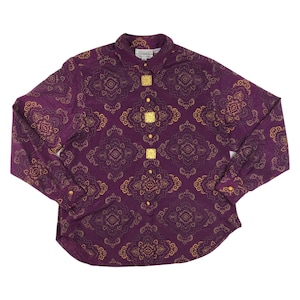 Blusa con estampado de damasco vintage / Camisa cuadrada con botones en morado y dorado de los años 80 / Talla grande para mujer