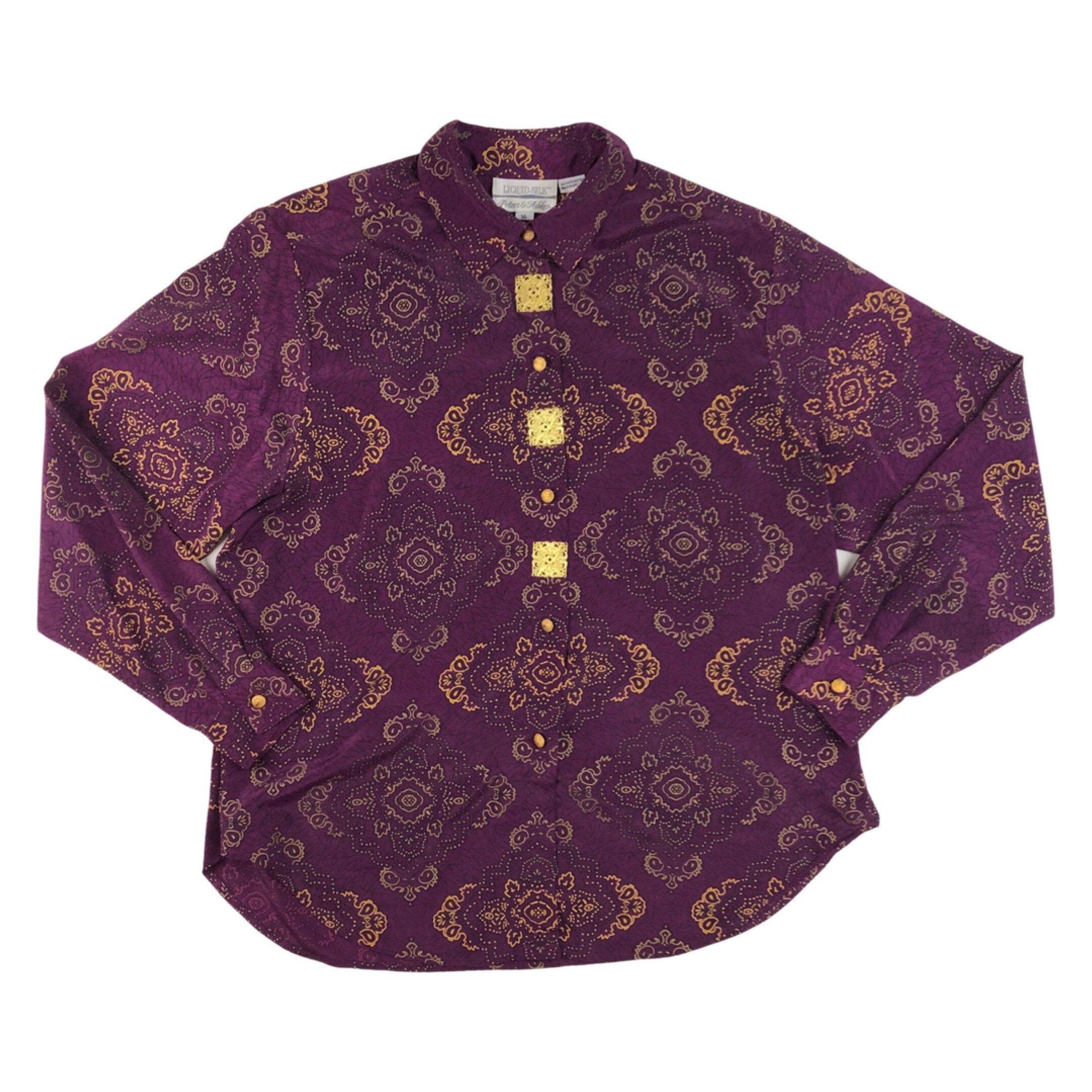 Vintage Damask Print Blouse | 80s Purple & Gold Boxy Button Down Shirt | Womens Size Large