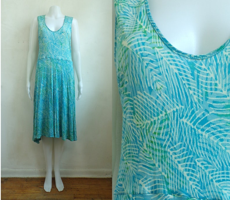 Womens Size MediumLarge 90s Abstract Leaf Print Stretch Knit Rayon Lightweight Sleeveless Dress Vintage Tank Dress