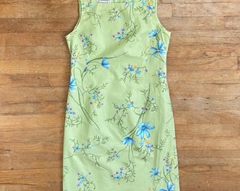 Vestido vintage de algodón con estampado floral, talla pequeña, años 90, vestido tubo con estampado de flores verdes