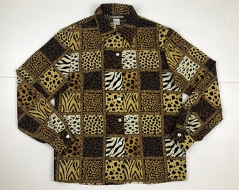 Vintage Animal Print Blouse | 90s Leopard & Tiger Pattern Button Down Shirt | Womens Size Medium/Large