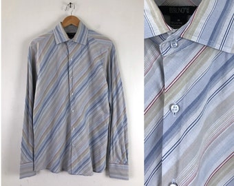 Vintage Mens Striped Dress Shirt | 80s Blue Diagonal Stripes Cotton Button Down Collared Shirt | Mens Size Medium