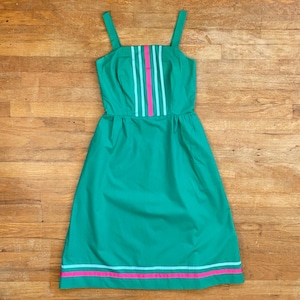 Vintage Cotton Sundress Size Small 1970s Teal Striped Sleeveless A-Line with Pockets