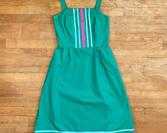 Vintage Cotton Sundress Size Small 1970s Teal Striped Sleeveless A-Line with Pockets
