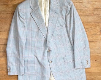 Vintage Mens Blue Plaid Blazer Size 42R 1970s Cotton Sport Coat Jacket