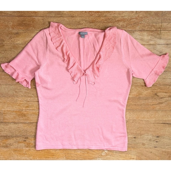 Vintage Pink Knit Silk Top Size Small Y2K Ruffled Collared Blouse Shirt